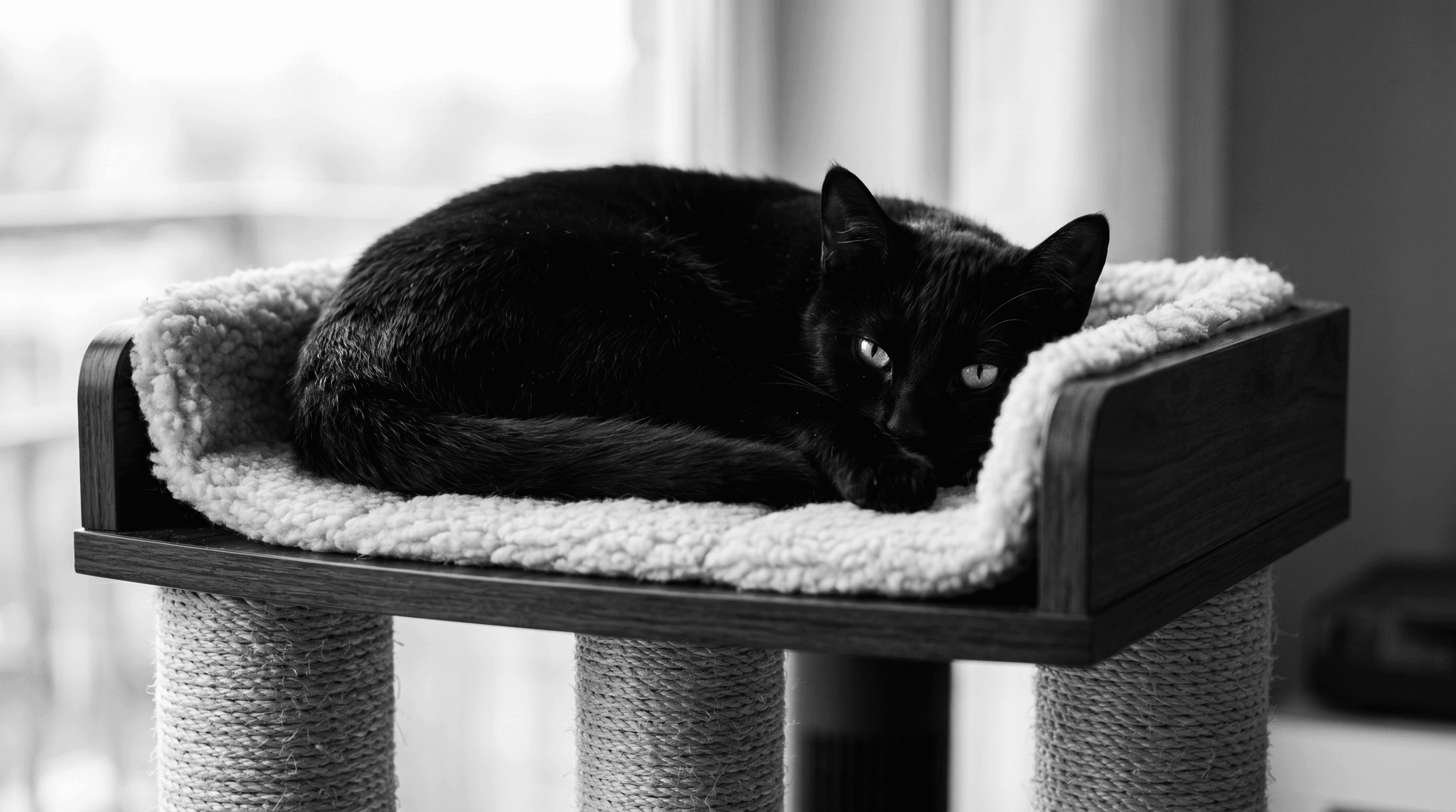 All-black cat resting calmly atop a cat tower platform in a softly lit living room