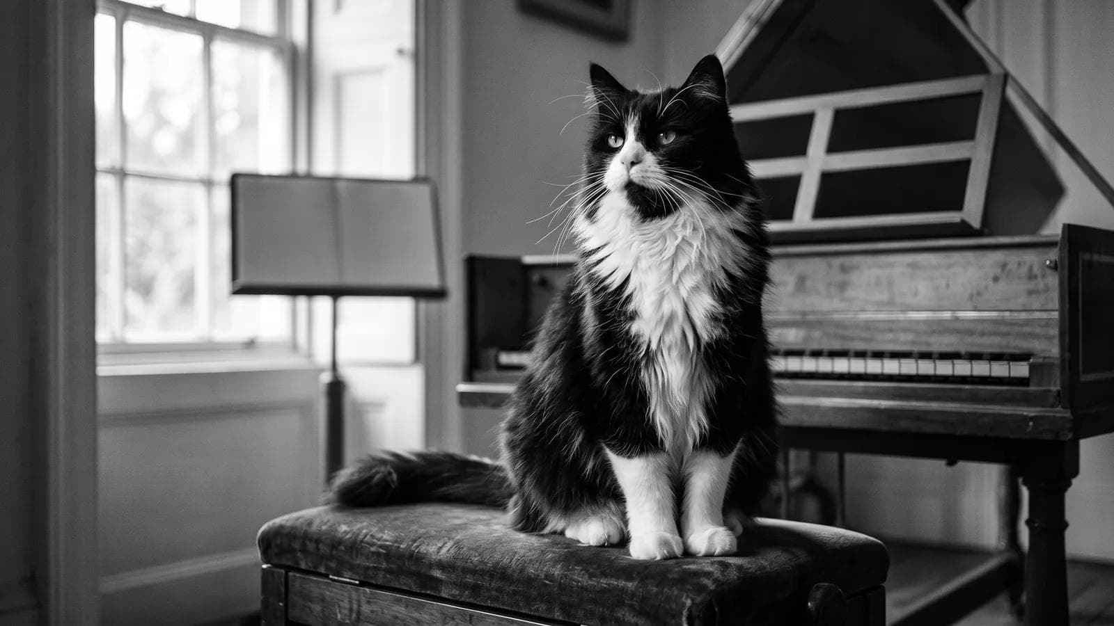 Tuxedo cat sitting on an antique trunk in front of a harpsichord near a sunlit window