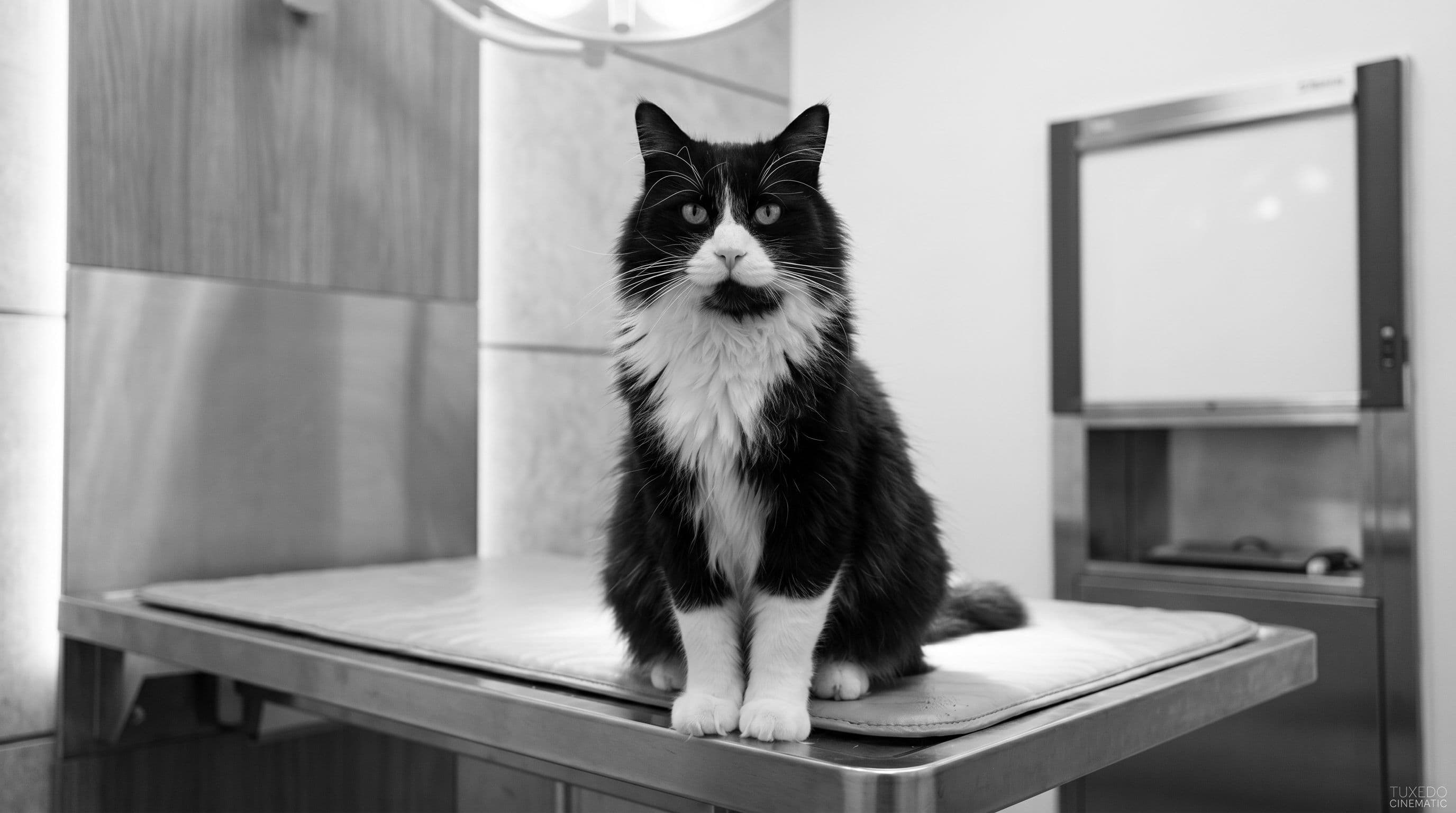 Tuxedo cat sitting upright on a stainless steel veterinary exam table under bright overhead light looking dignified
