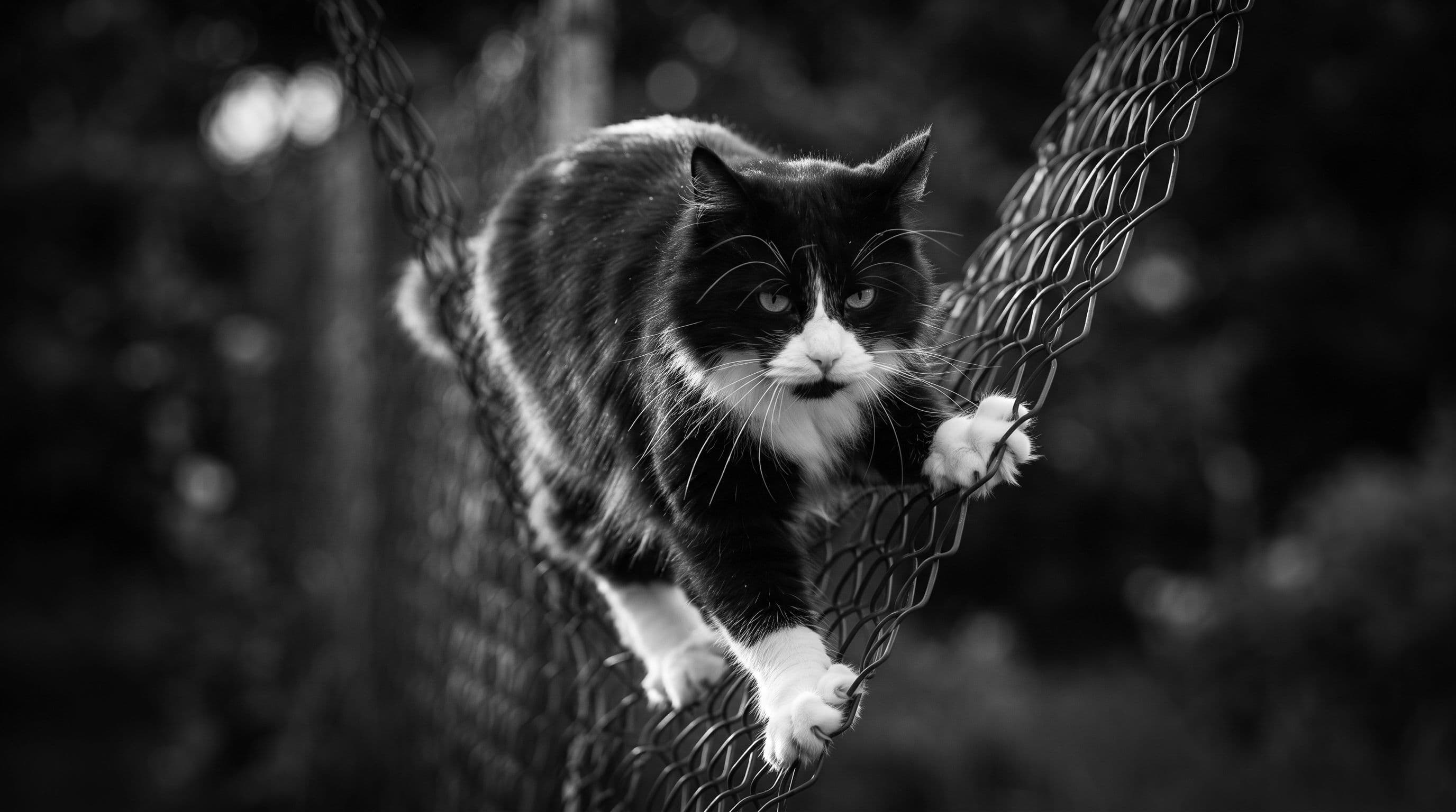 Tuxedo cat sliding back down from an angled mesh fence topper landing on all four white-socked paws looking affronted