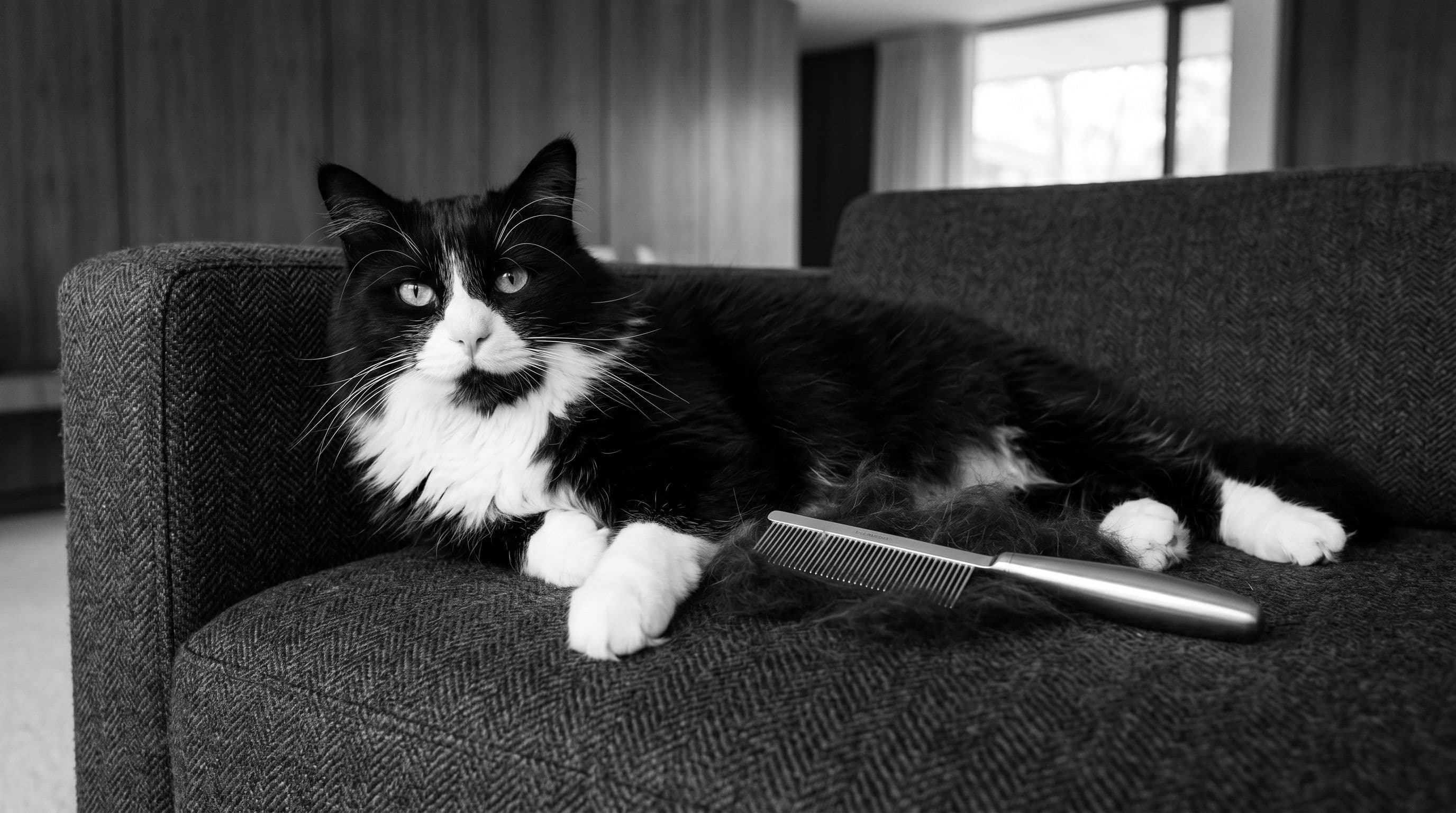 Vino the tuxedo cat relaxed on a couch beside a deshedding comb with tufts of loose fur nearby.