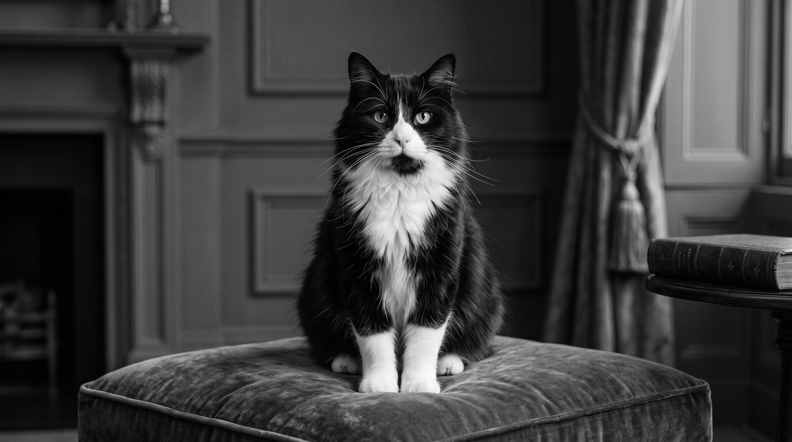 Black-and-white tuxedo cat sitting upright on a cushion with an alert discriminating gaze scanning the room
