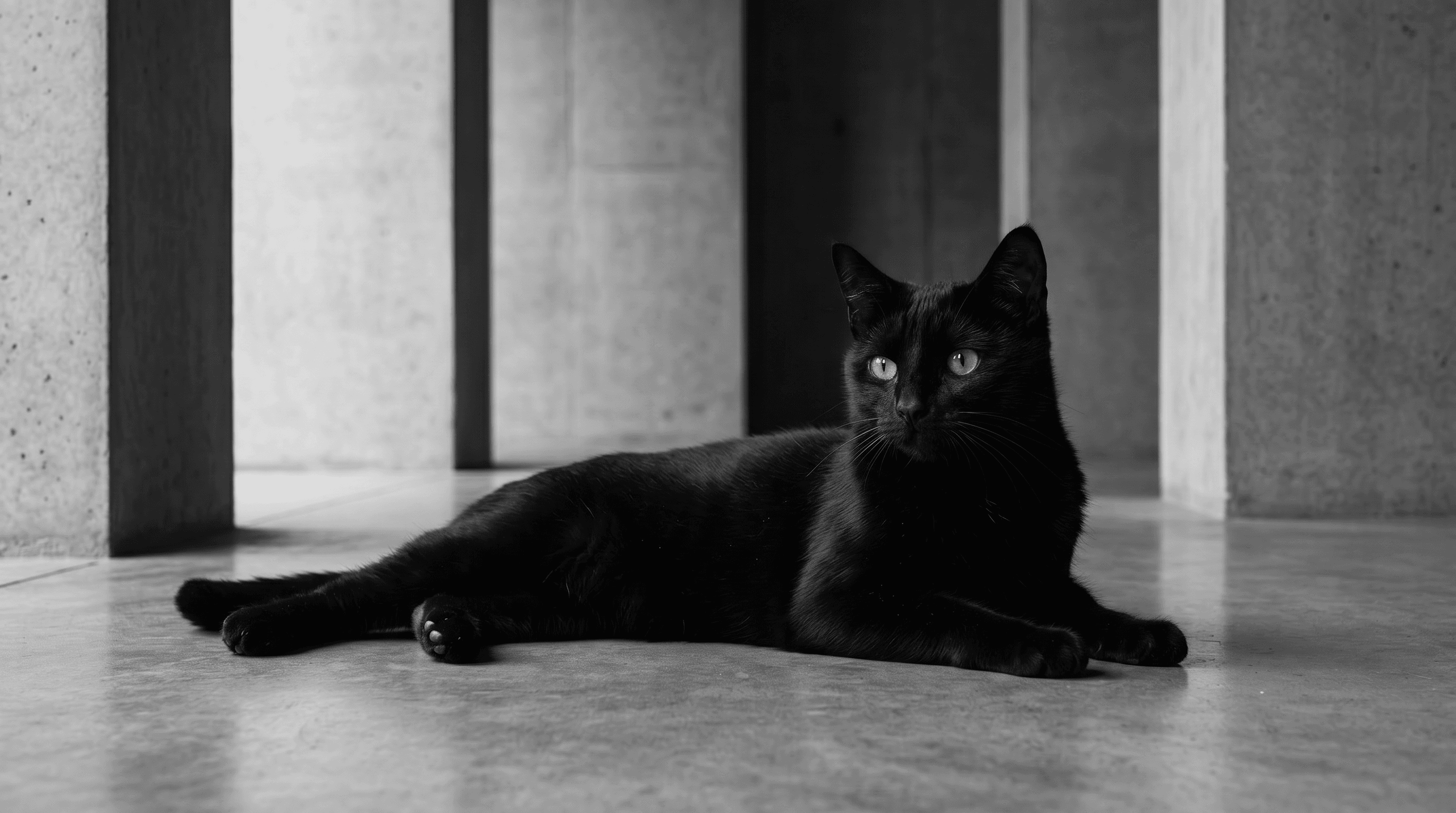 Black cat lying on a polished concrete floor between modern architectural pillars