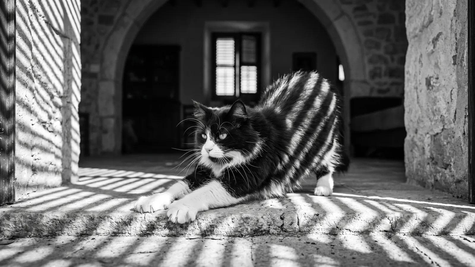 Tuxedo cat crouched in striped shadow light beneath a stone archway