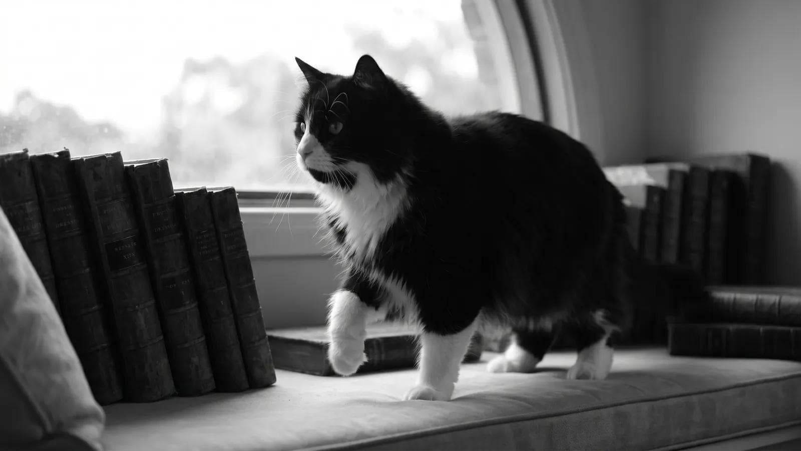 Tuxedo cat walking along a windowsill lined with old books