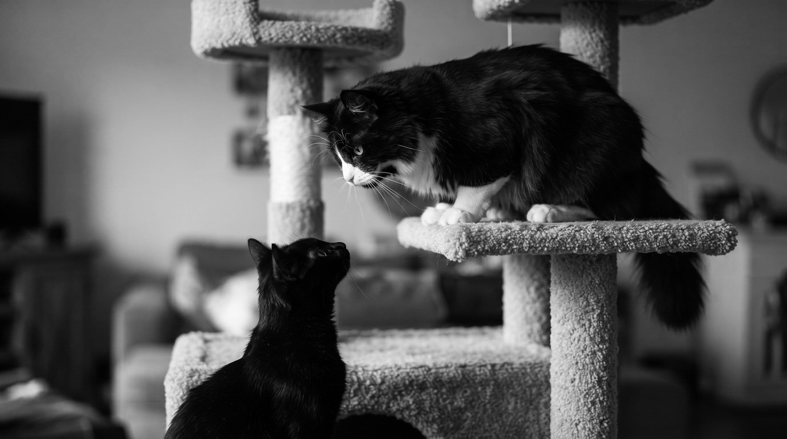 A tuxedo cat on one platform and a slender all-black cat on another level of a multi-tier cat tower, staring intently at each other in a sunlit living room