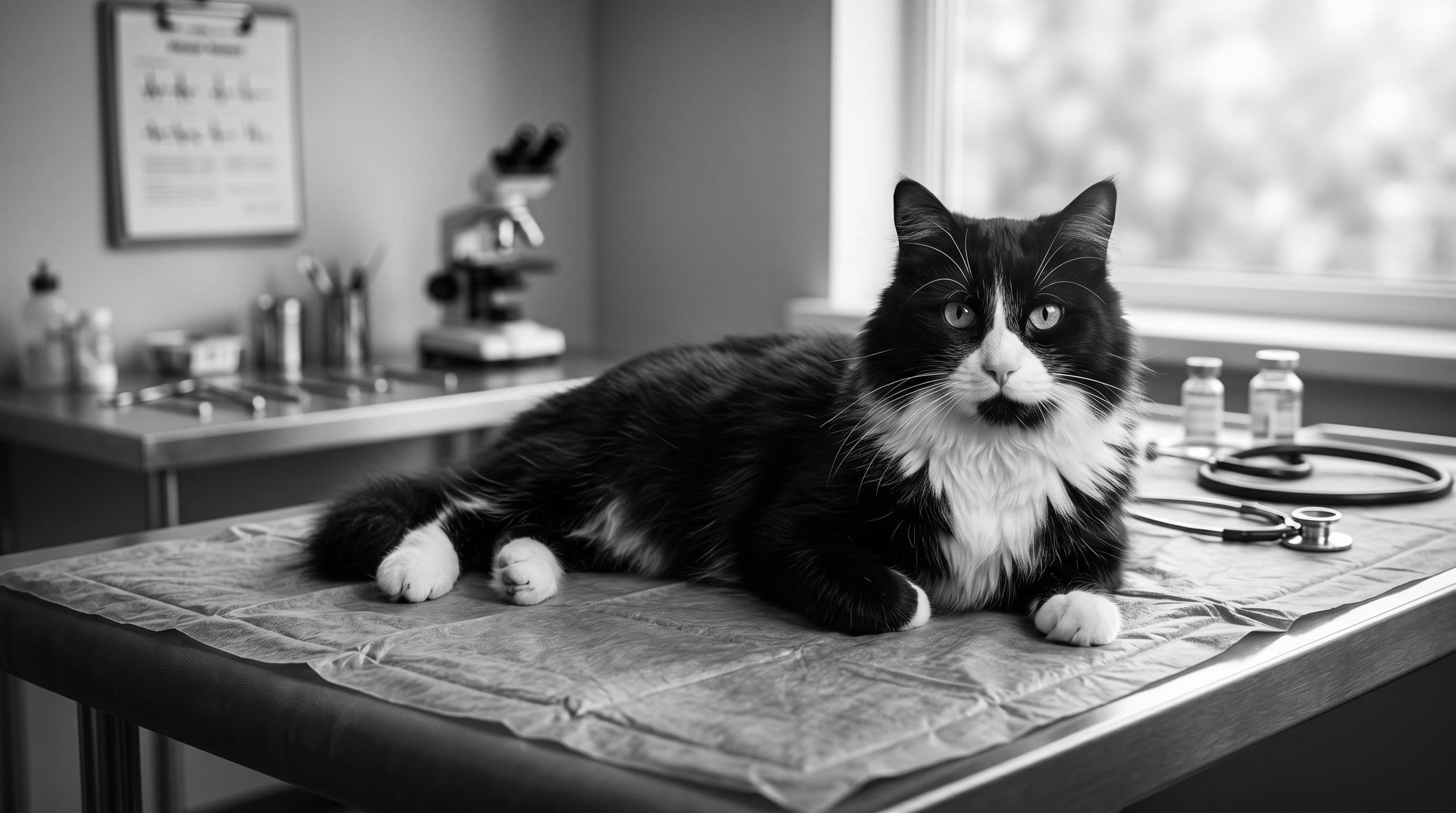 Vino the tuxedo cat resting on a veterinary exam table with out-of-focus medical equipment behind him.