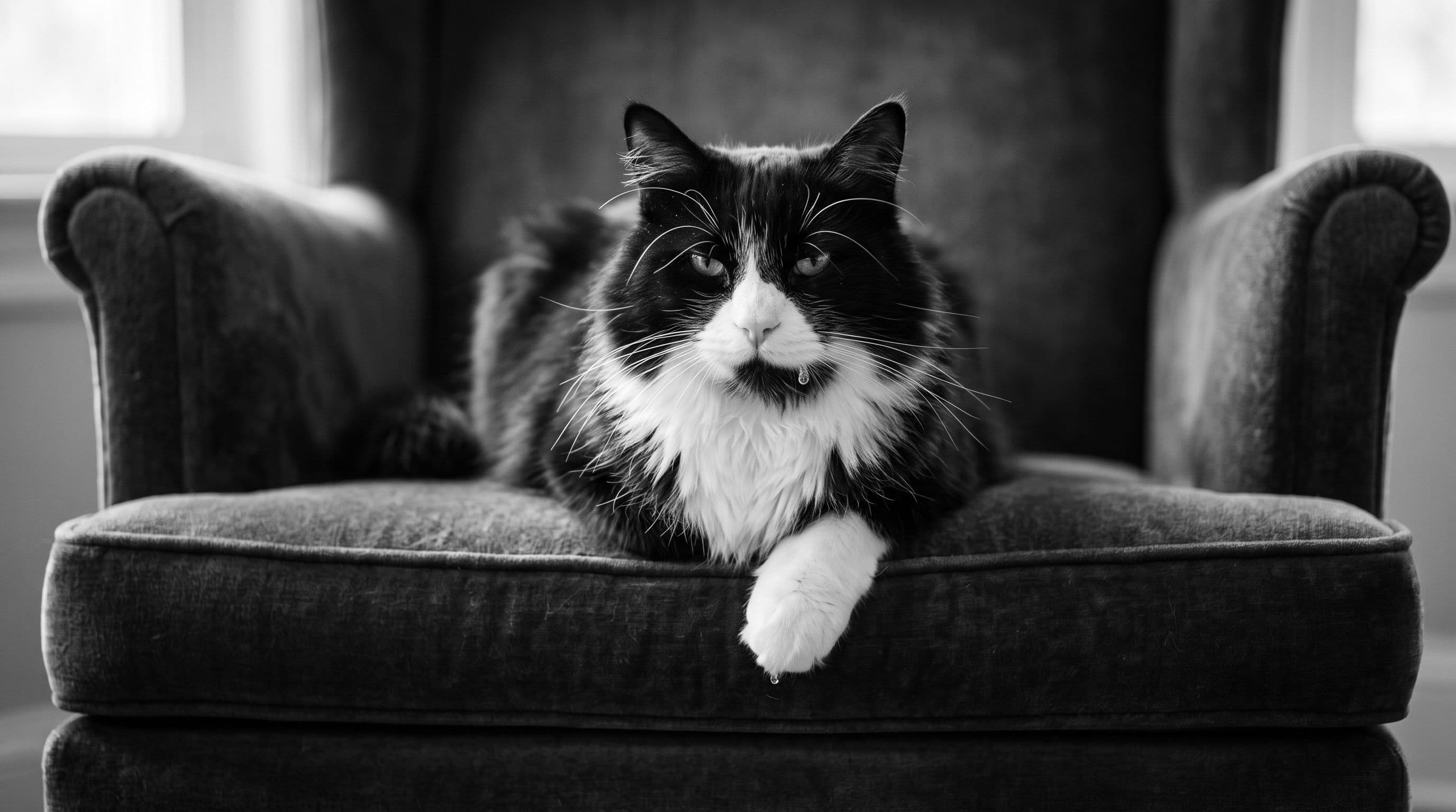 Tuxedo cat with white chest bib lounging heavily on a velvet armchair looking supremely comfortable
