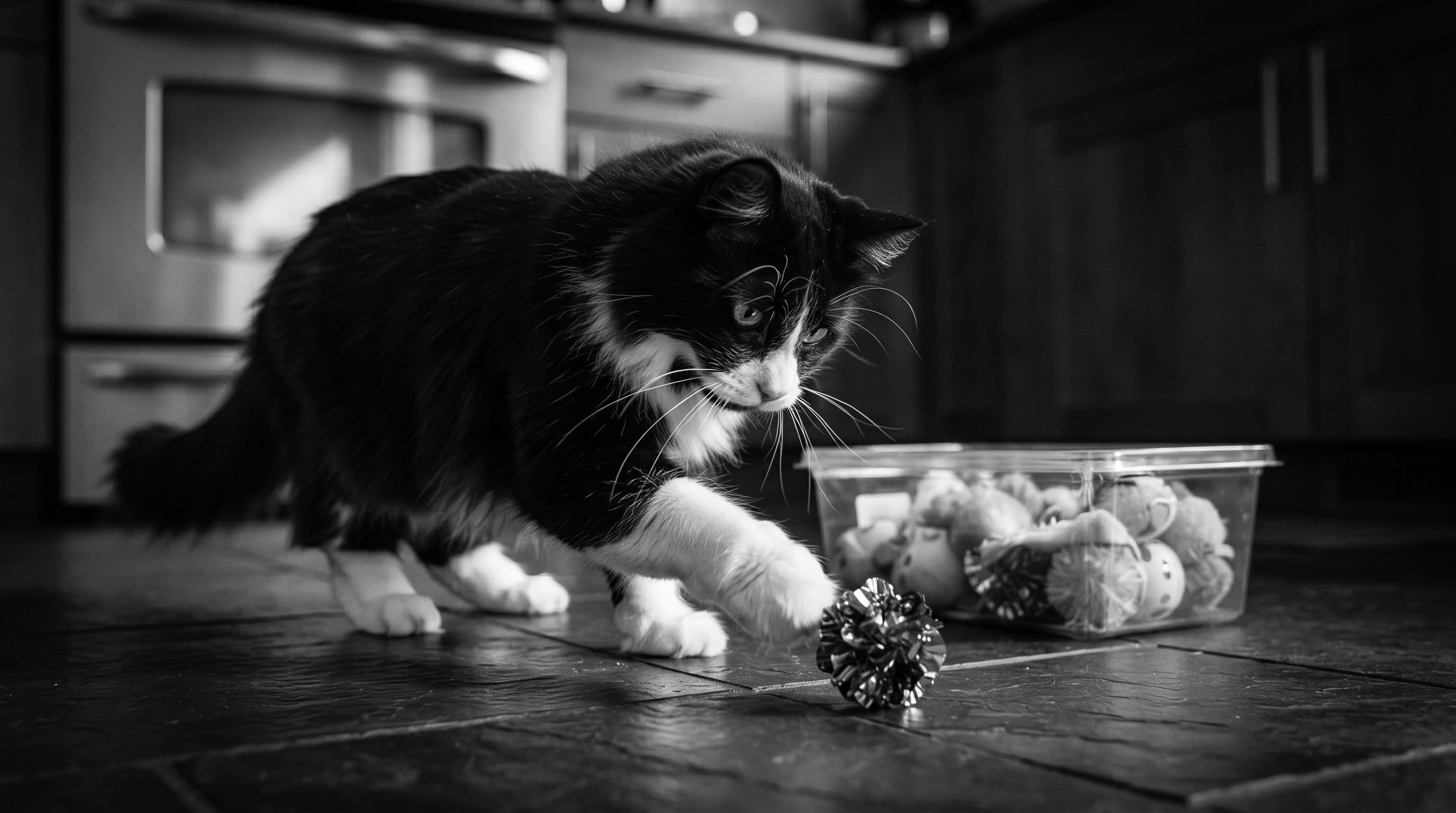 Black-and-white tuxedo cat in a hunting crouch pouncing on a crinkle ball toy on a kitchen floor near a container of stored cat toys