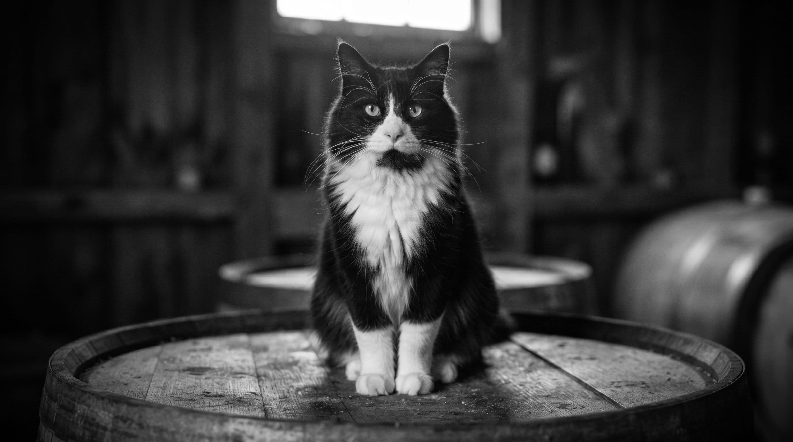 Tuxedo cat with white chest and paws sits formally on wooden barrel in rustic barn setting, direct eye contact