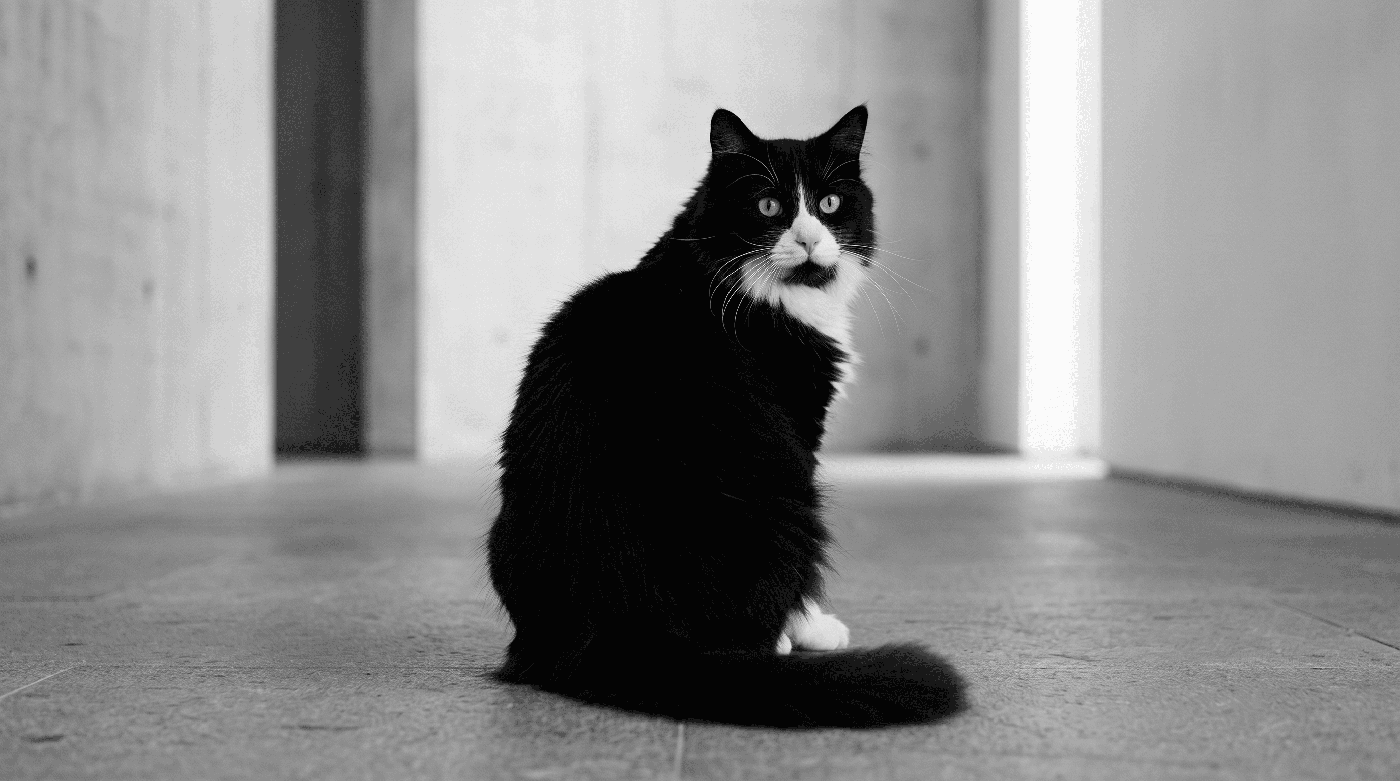 Rear view of a seated tuxedo cat showing how white markings vanish from behind