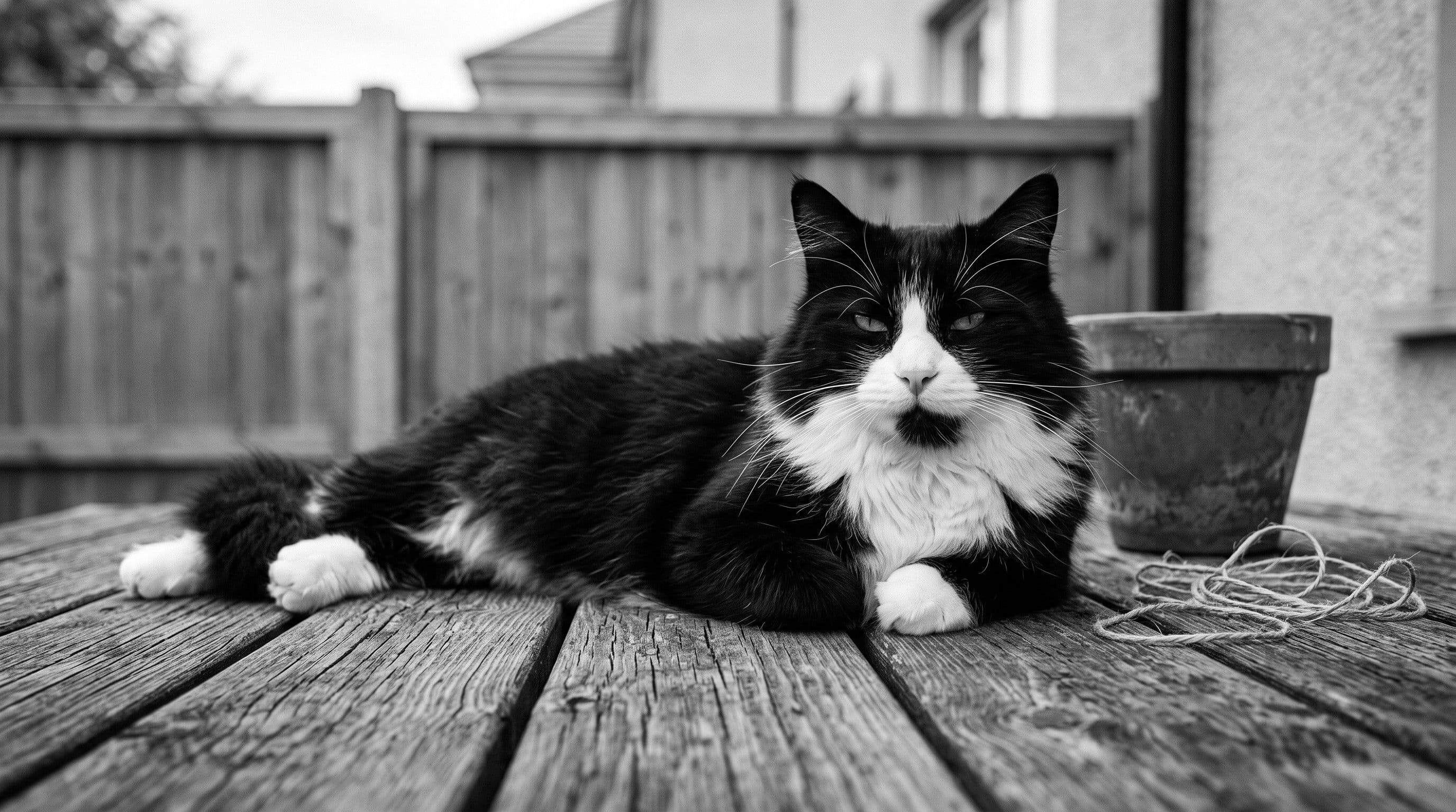 A relaxed tuxedo cat lying on a wooden deck in front of a timber fence, eyes half-closed, completely unbothered