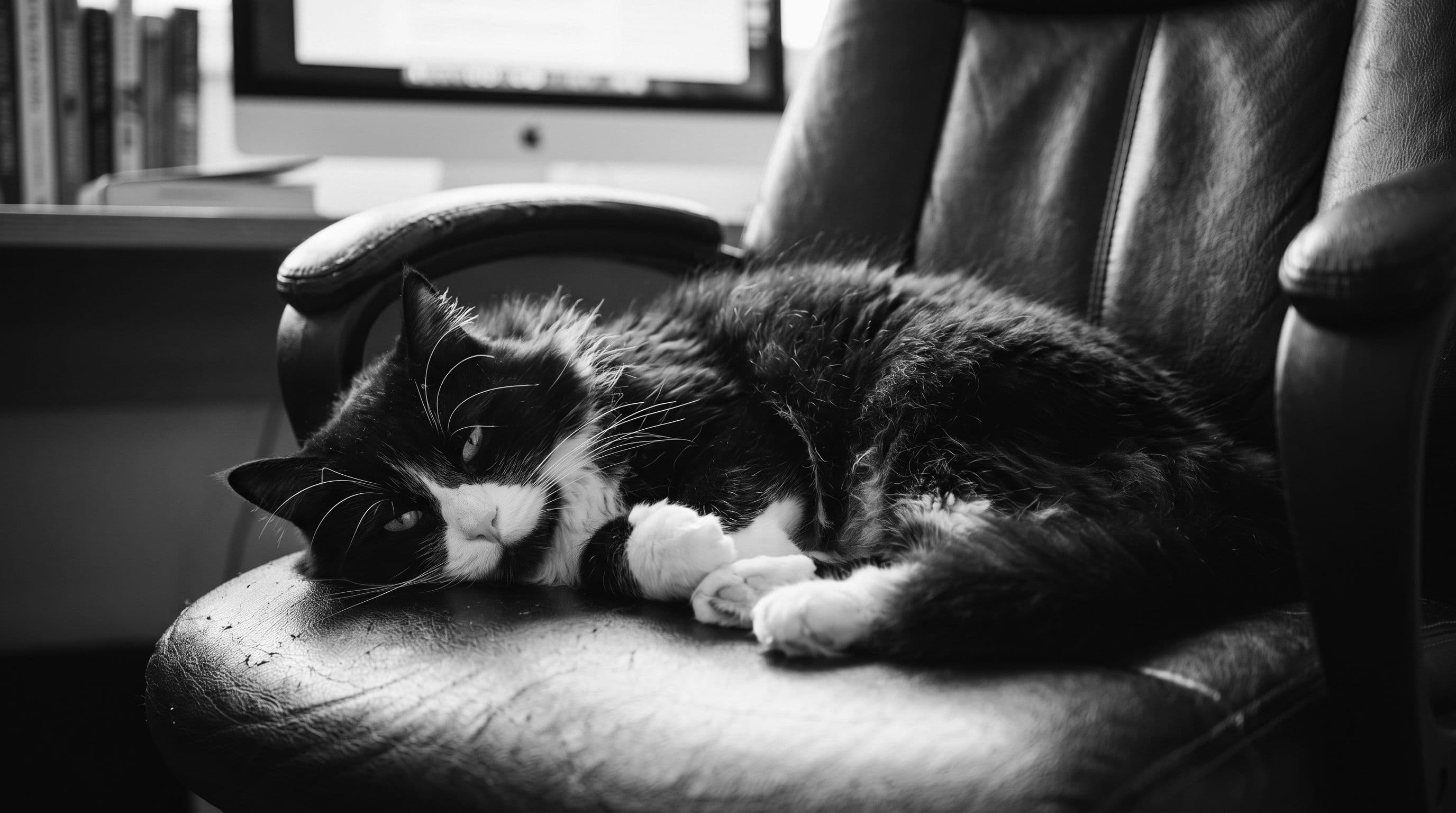 Tuxedo cat with white chest bib and socked paws settled on a leather desk chair in a warmly lit home office, looking relaxed and secure