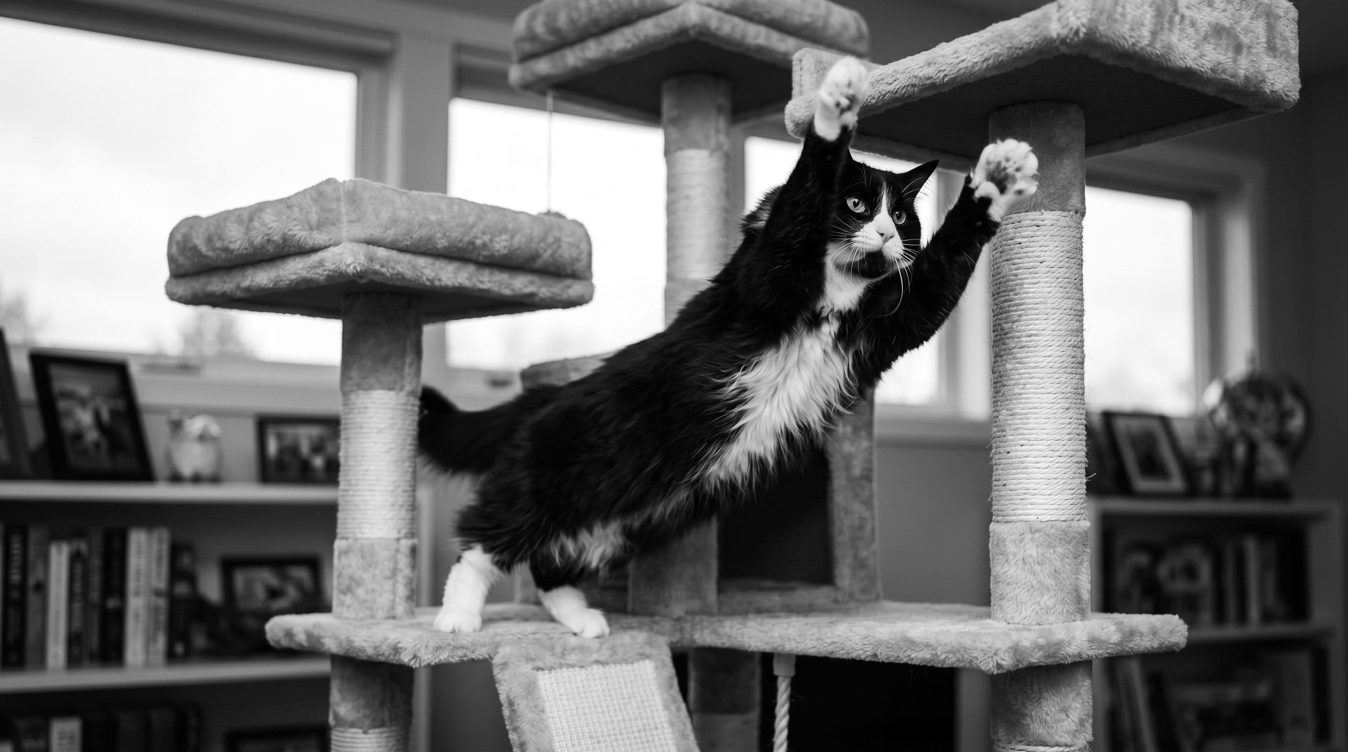 Black-and-white tuxedo cat launching vertically up a tall cat tower in a bright living room, white-socked paws reaching for the top tier