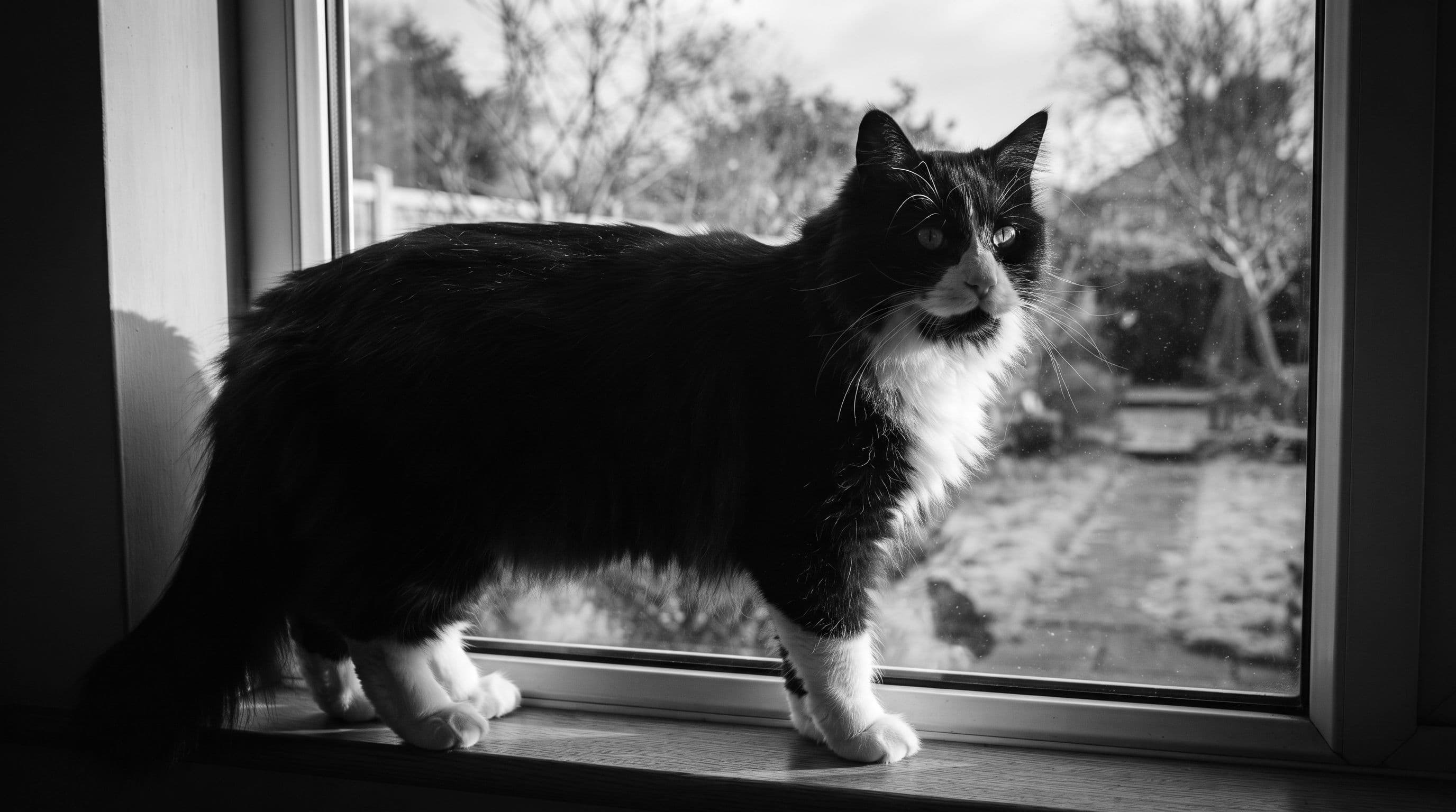 Black-and-white tuxedo cat basking sideways in a warm sun patch on a kitchen windowsill during winter