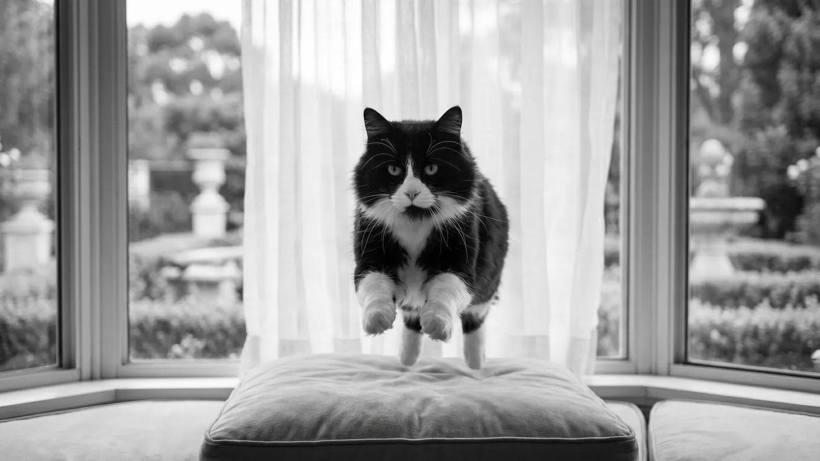 Tuxedo cat leaping toward a cushioned window seat with sheer curtains and a garden view