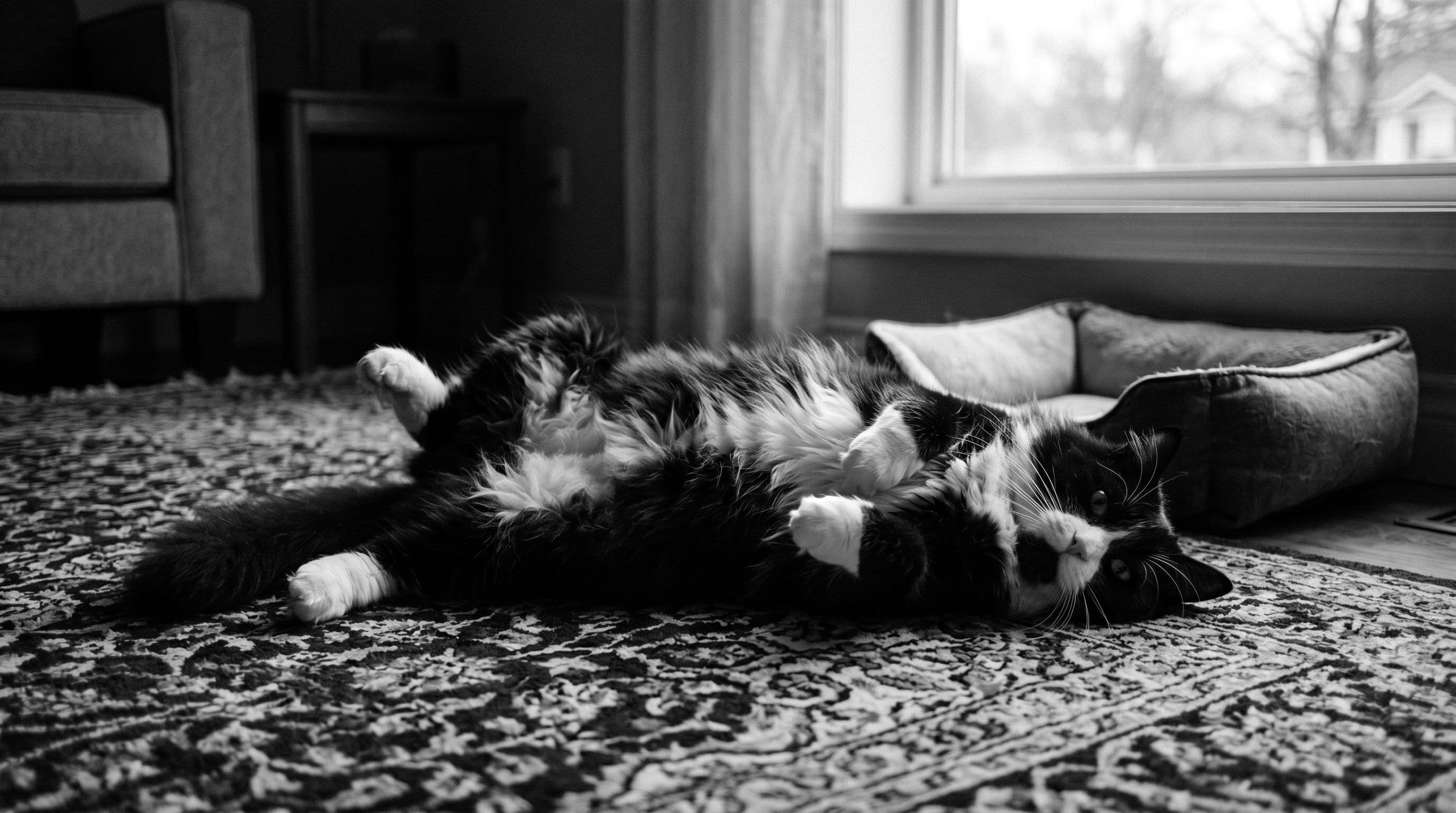 Black-and-white tuxedo cat lying on his side on a patterned wool rug in a dimly lit living room, belly visible, looking relaxed