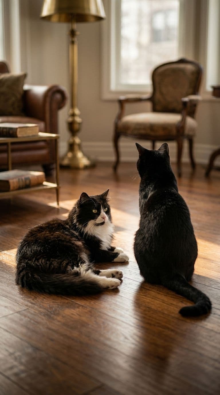 Tuxedo cat lying on a hardwood floor beside a black cat in a sunlit living room