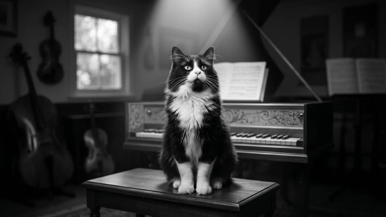 Tuxedo cat sitting on a bench in a sunlit music room beside a piano and cello