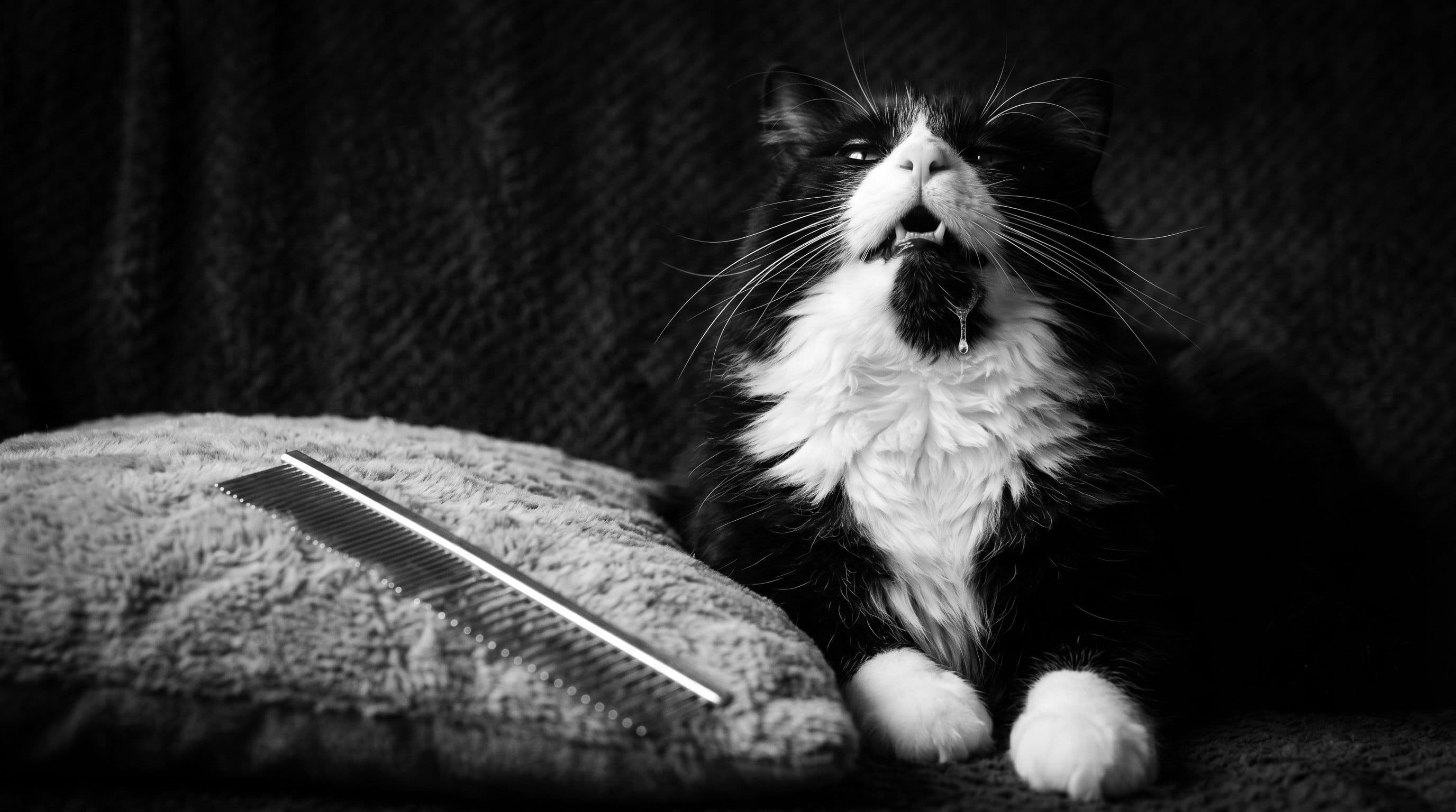 Tuxedo cat with white socked paws leaning against a stainless-steel comb on a marble surface with tufts of loose fur drifting around him