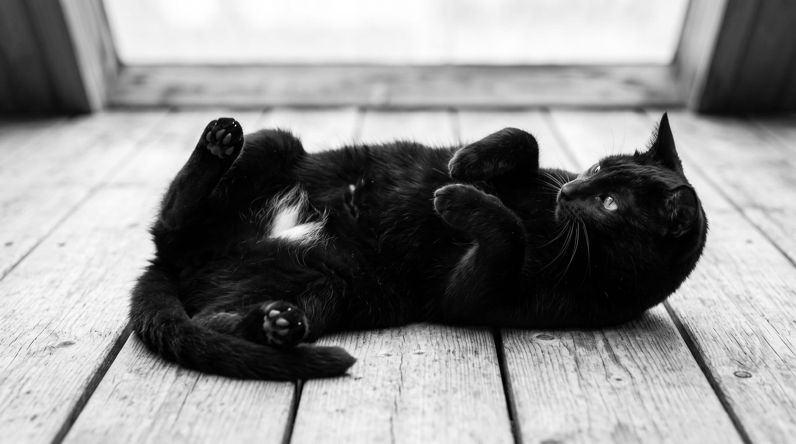 Black cat lying on back in sun patch, white belly marking showing, paws curled