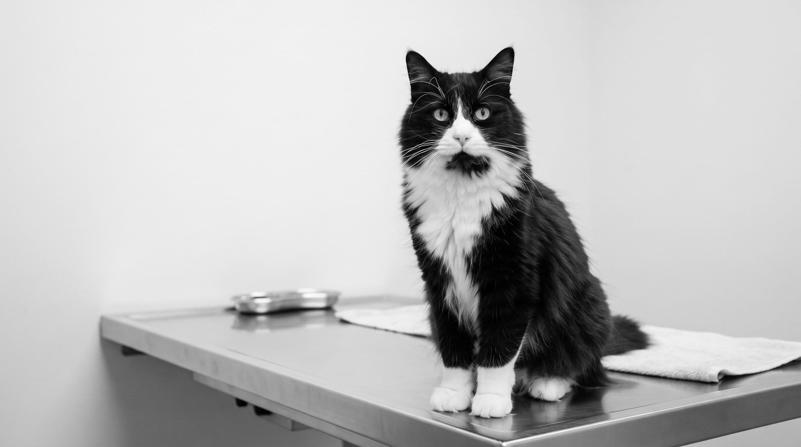 Tuxedo cat sitting upright on a stainless steel veterinary exam table under bright overhead light looking dignified