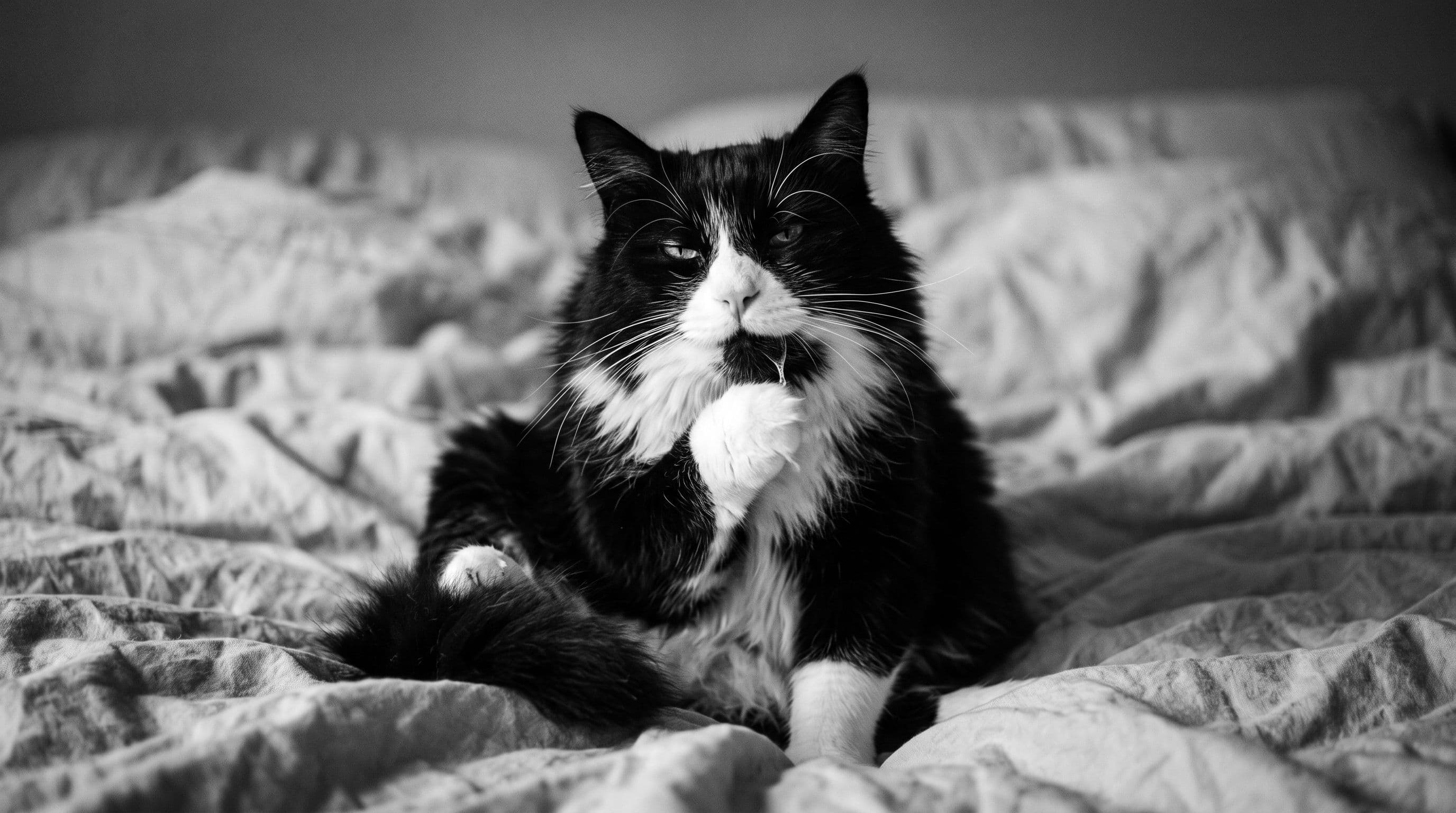 A tuxedo cat with white chest and paws grooms himself, visible drool on his black chin, sitting alone on soft bedding
