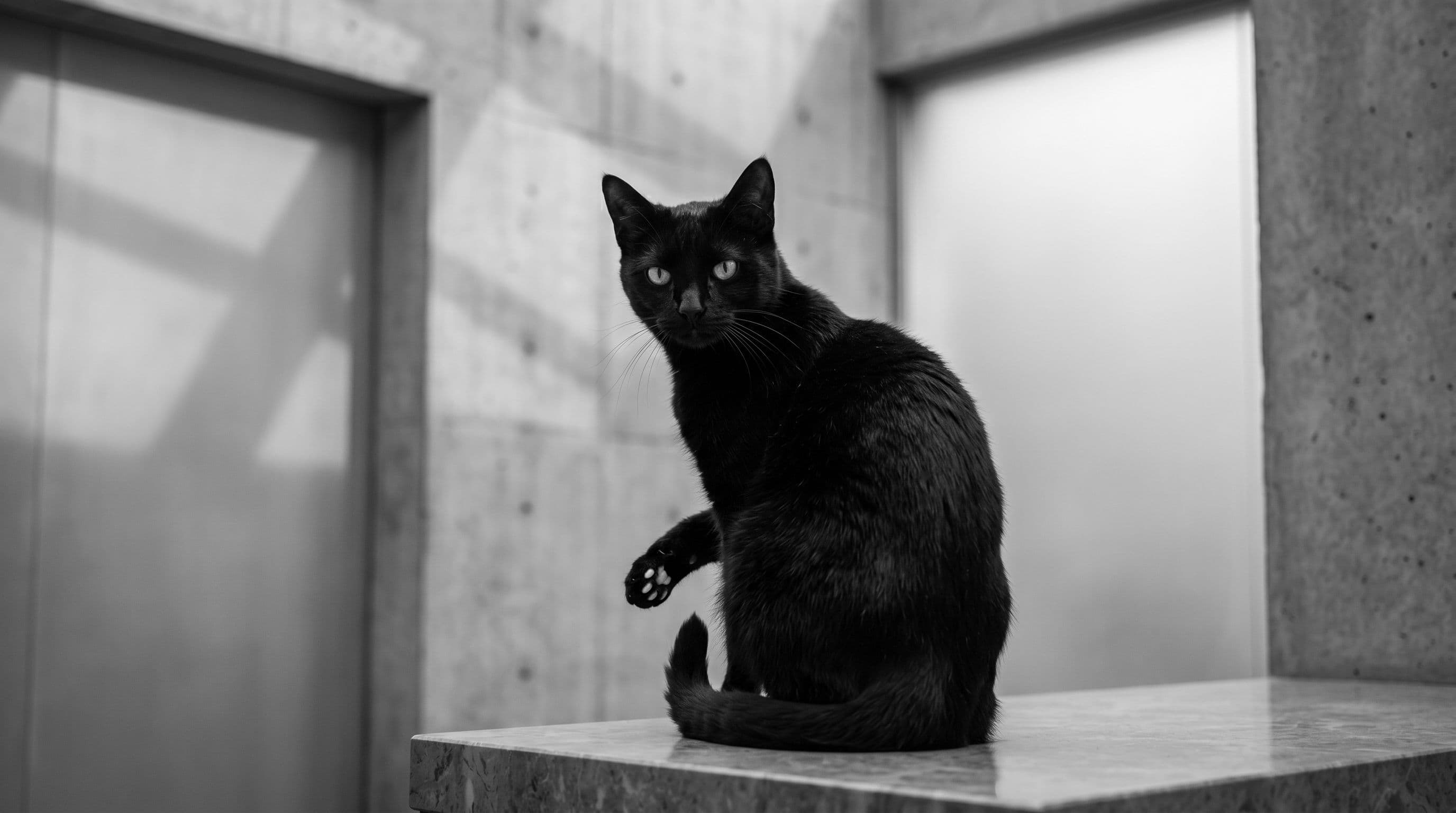 Black cat sitting on a marble ledge in a sunlit modern corridor