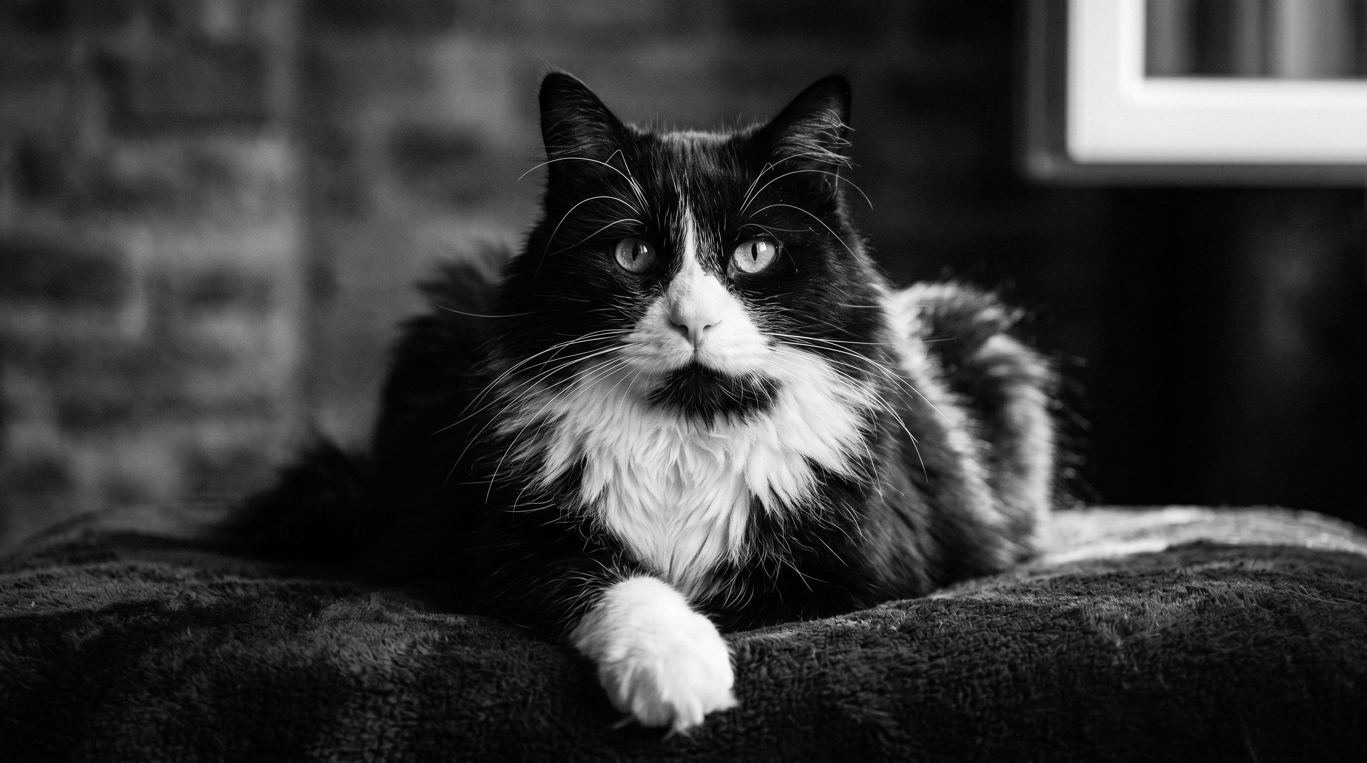 Tuxedo cat lying on a cushioned bench against a brick wall