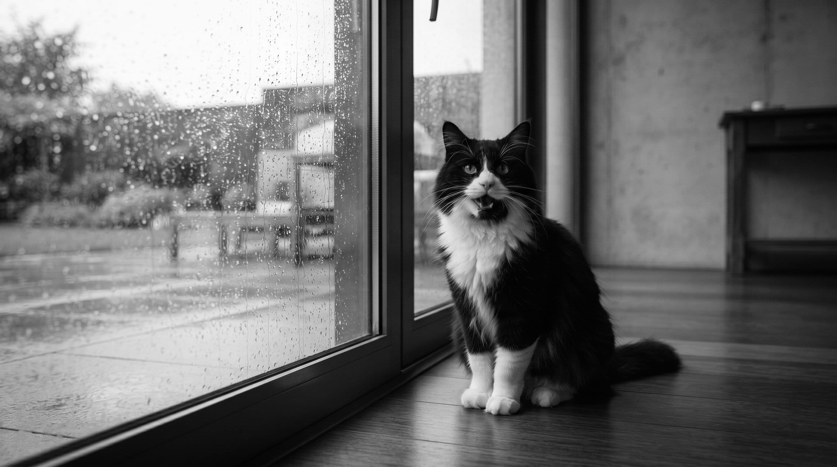 Tuxedo cat sitting by a rain-streaked glass door meowing with an insistent expression indoors