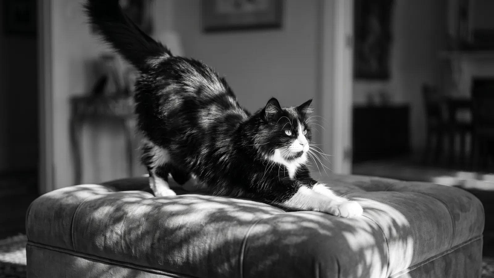 Tuxedo cat stretching on an ottoman in dappled sunlight