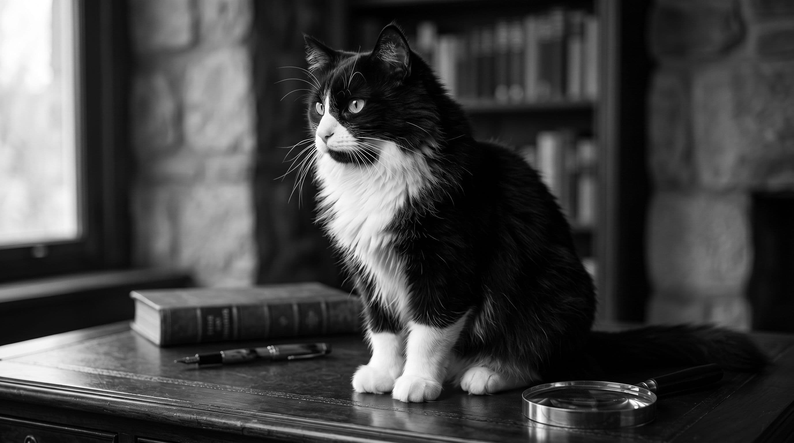 Tuxedo cat sitting on a stone library desk beside a leather book and pen
